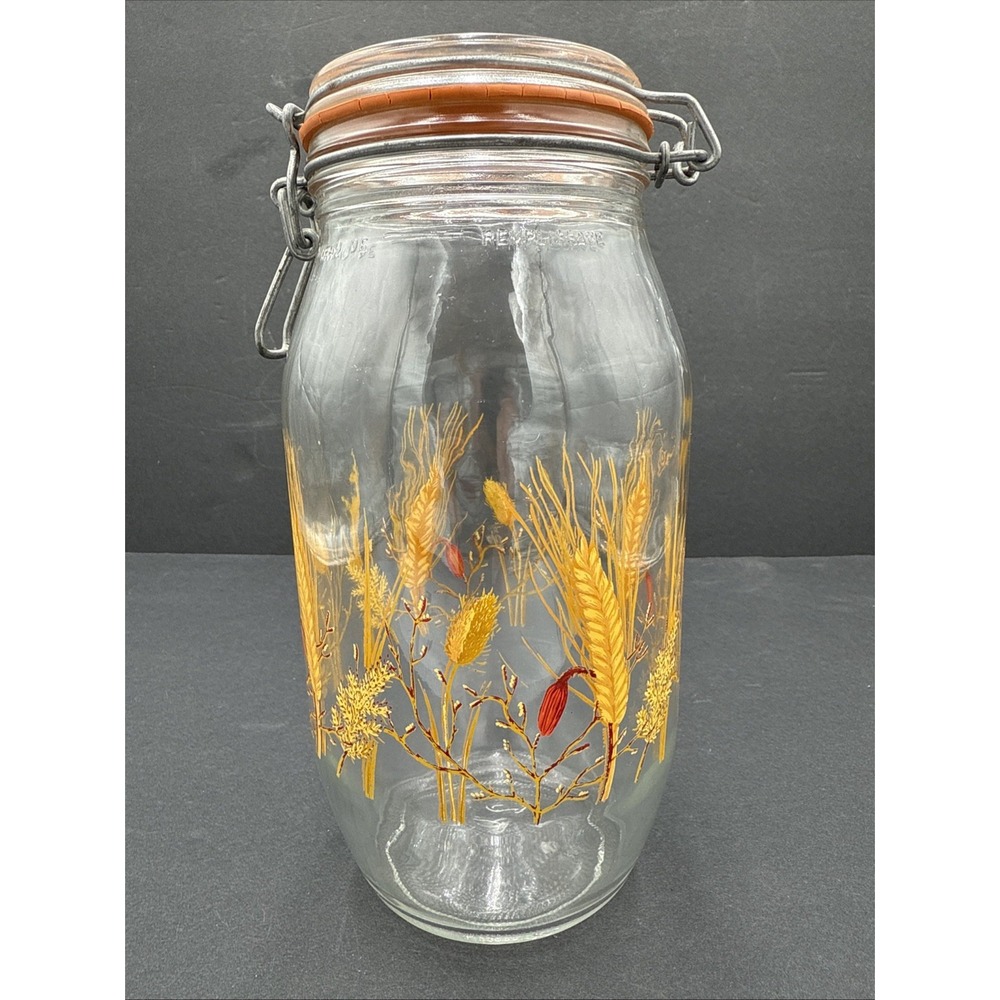 Vintage France Arc GLASS CANISTER JAR W Lid WHEAT PATTERN 70s